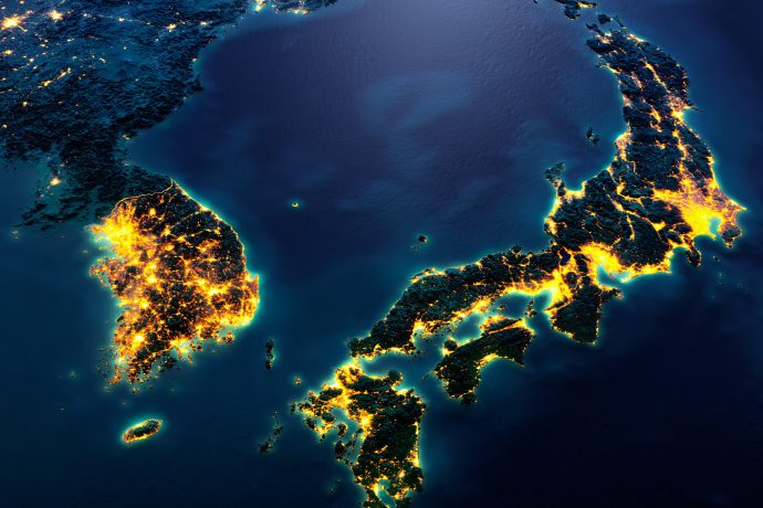 日本と韓国の夜の地図