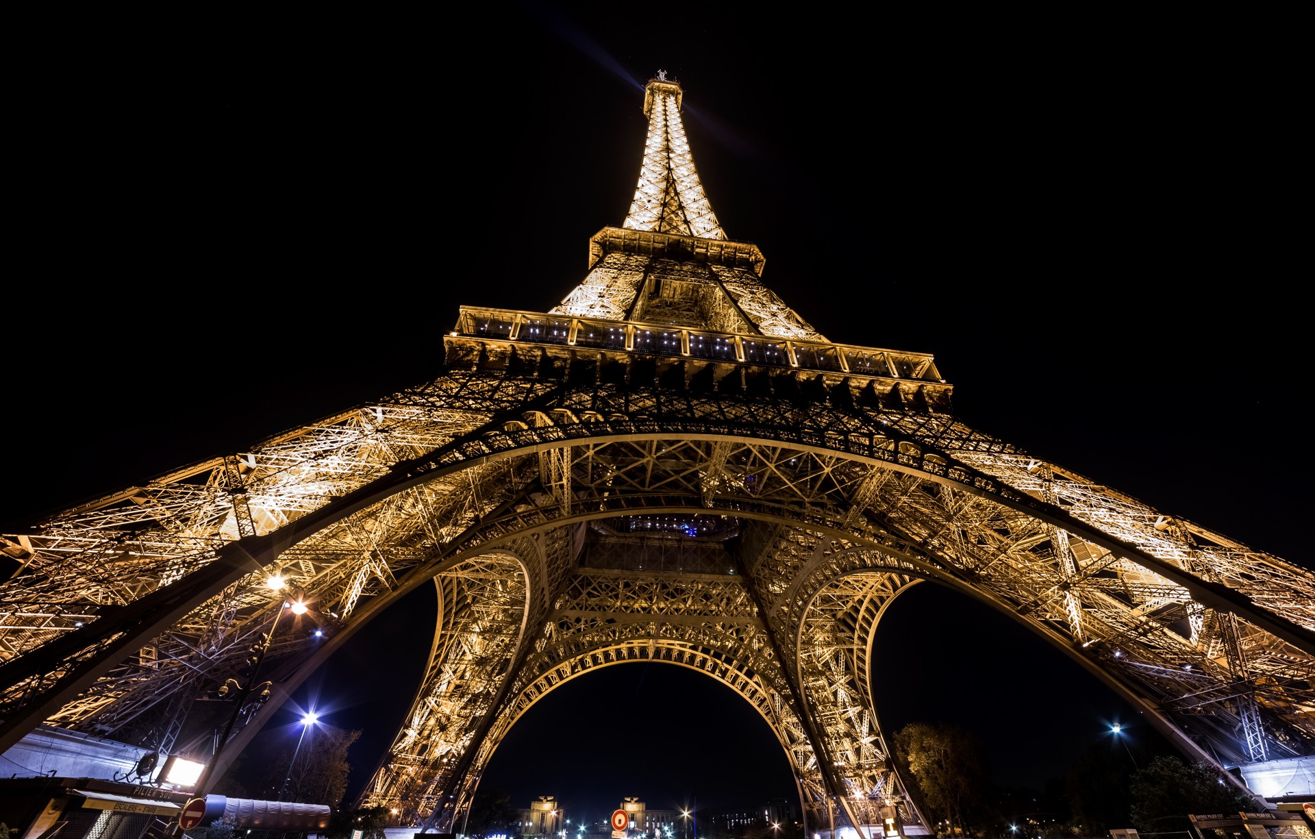 night view from the bottom of Eiffel Tower in paris